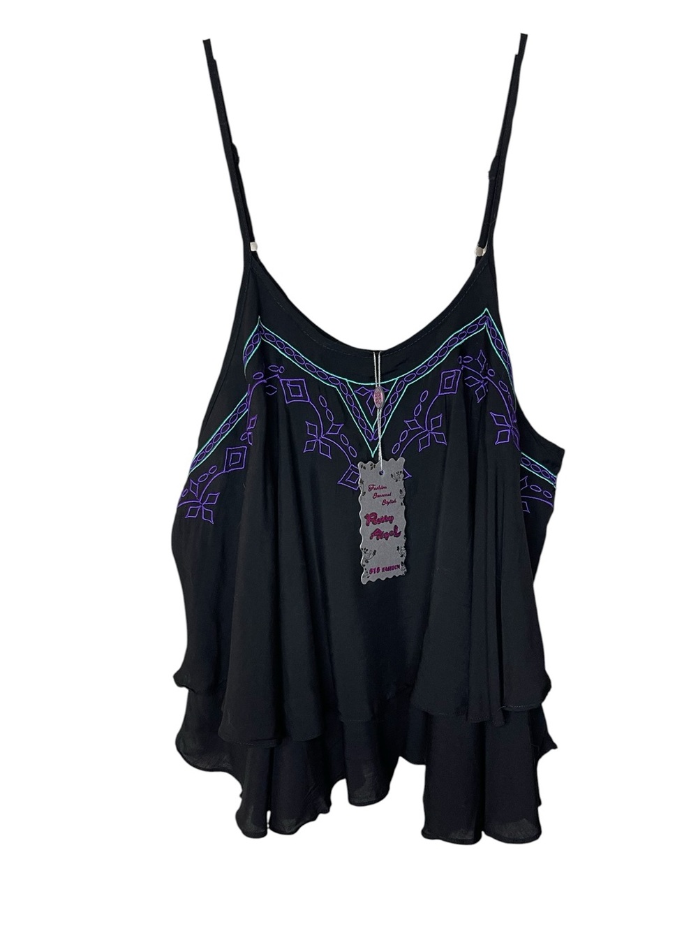 Pretty Angel Black Spaghetti Strap Camisole with Embroidery Sz L/XL NWT